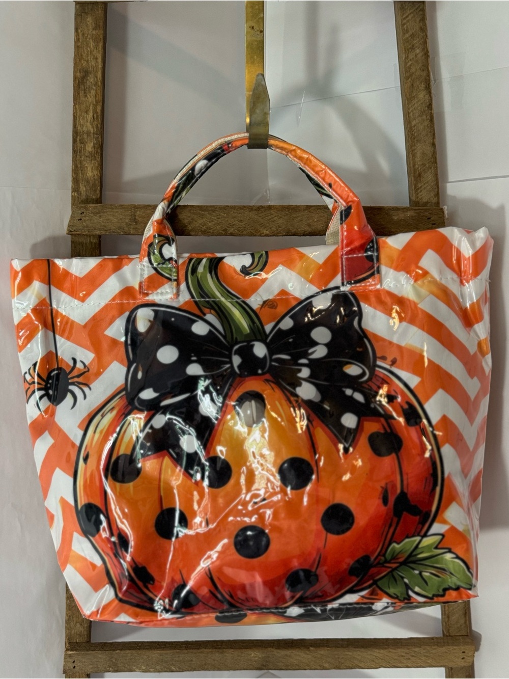 Large Halloween Pumpkin Print Orange Tote Bag -PVC , NWT